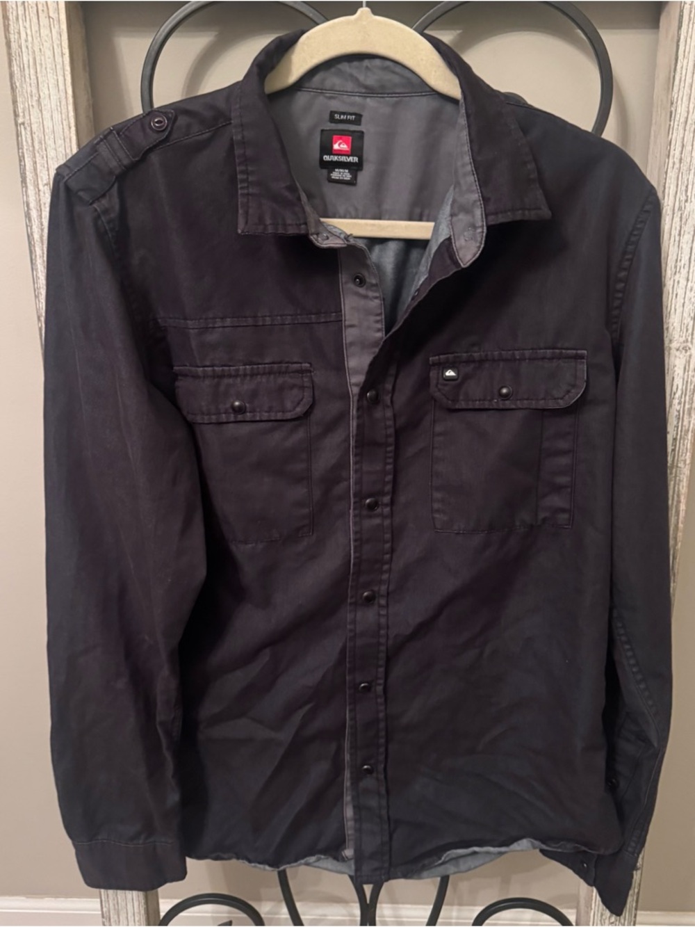 Quiksilver Slim Fit Utility Shirt Mens M Black Snap Button Epaulet Workwear